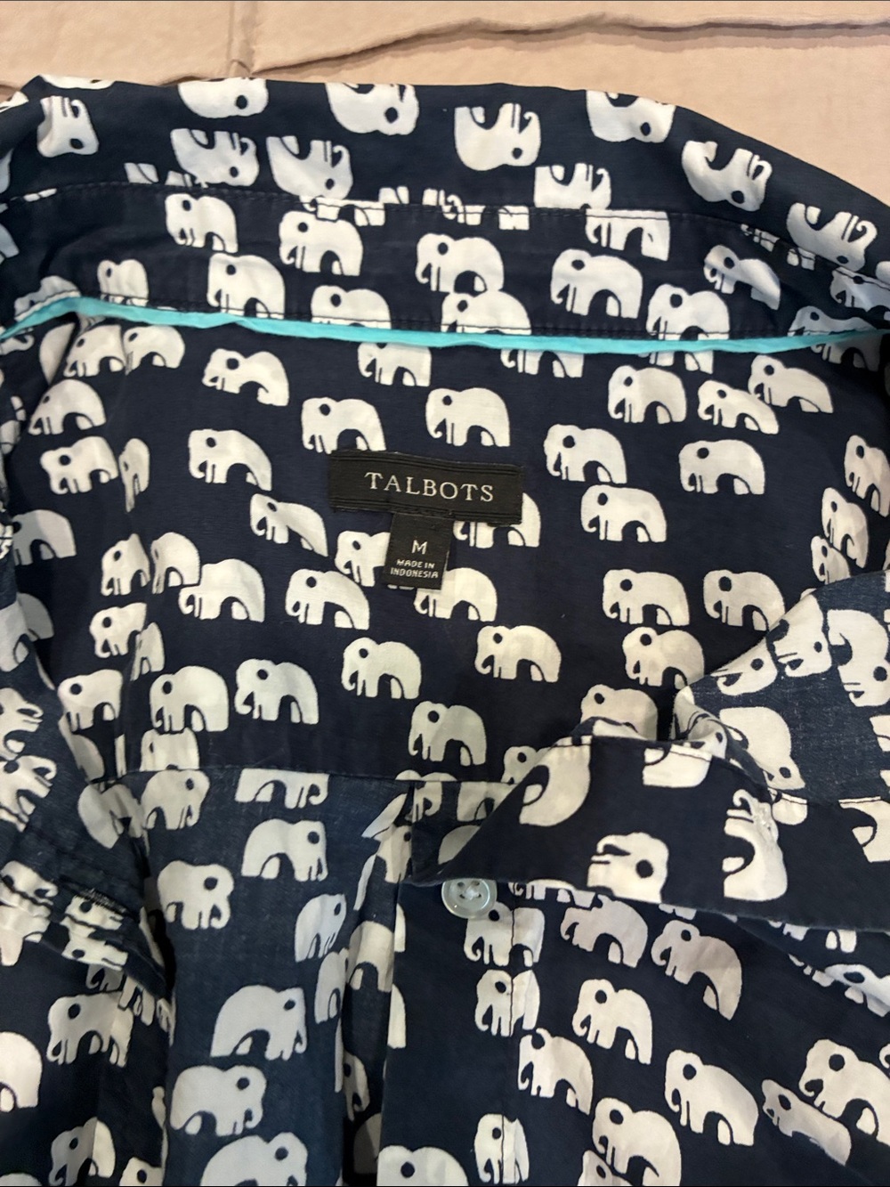 Talbots Navy and White Elephant print button down